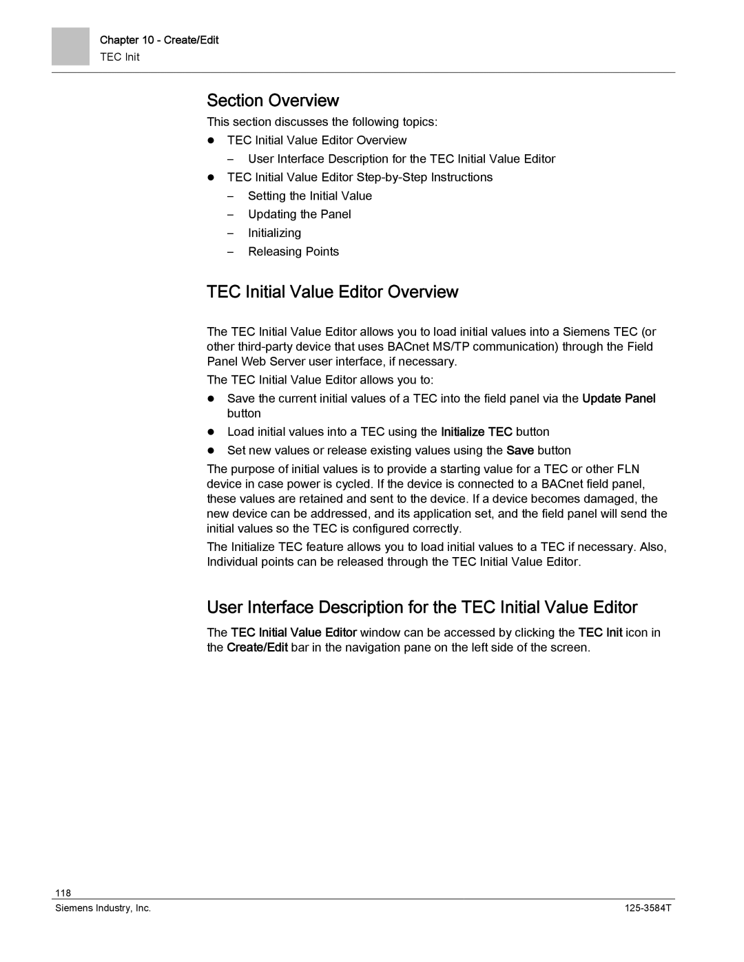 Siemens 125-3584T manual TEC Initial Value Editor Overview, User Interface Description for the TEC Initial Value Editor 