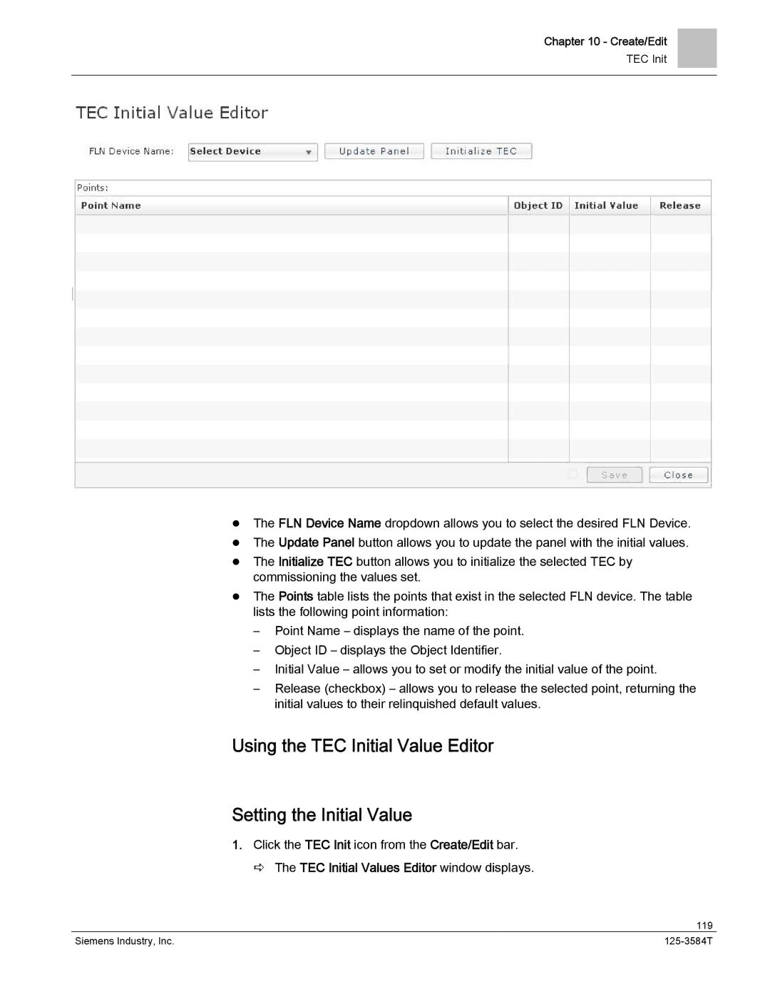 Siemens 125-3584T manual Using the TEC Initial Value Editor Setting the Initial Value 