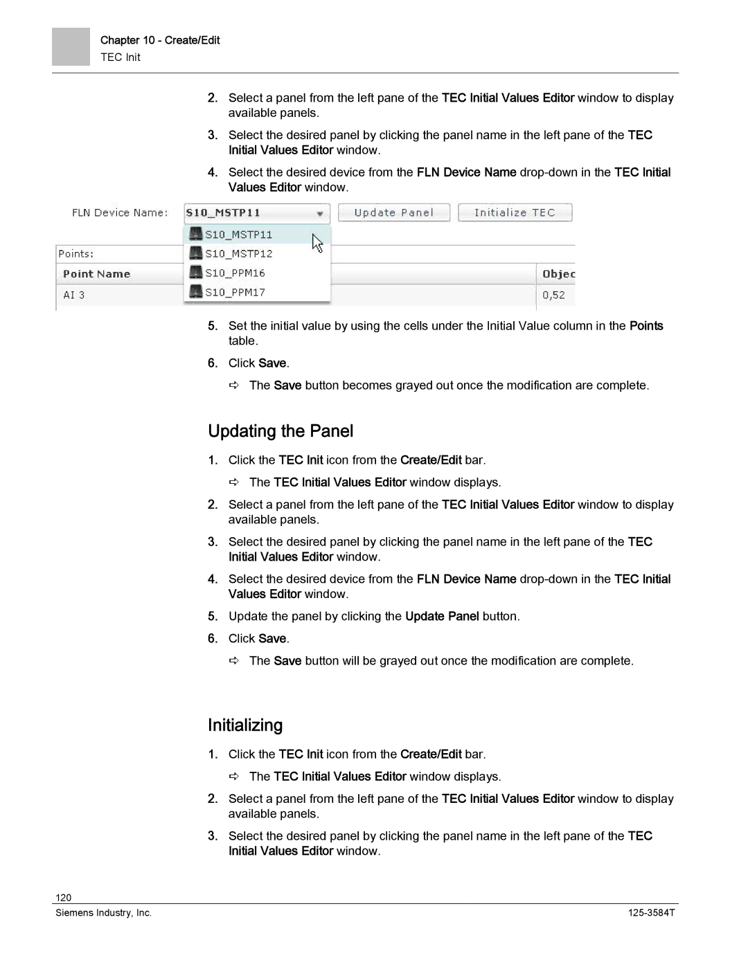 Siemens 125-3584T manual Updating the Panel, Initializing 