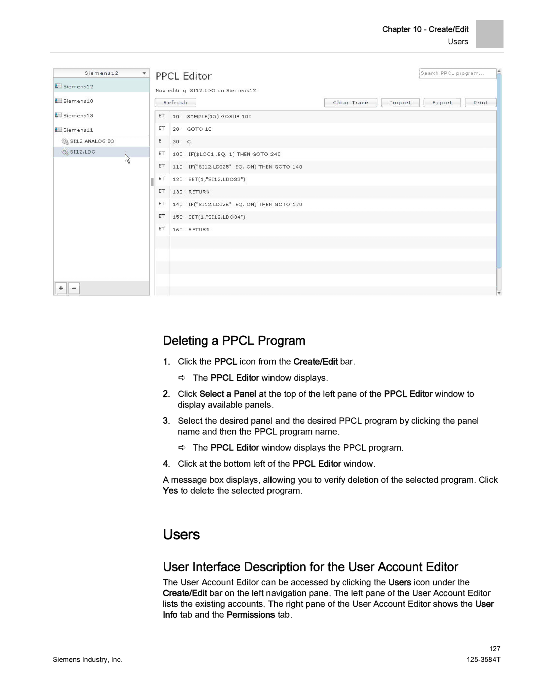 Siemens 125-3584T manual Users, Deleting a Ppcl Program, User Interface Description for the User Account Editor 