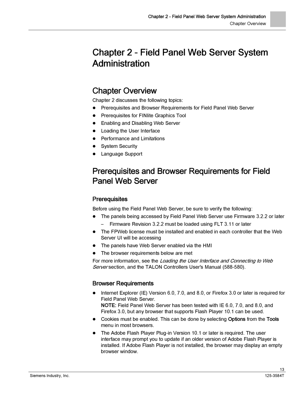 Siemens 125-3584T Field Panel Web Server System Administration, Chapter Overview, Prerequisites, Browser Requirements 