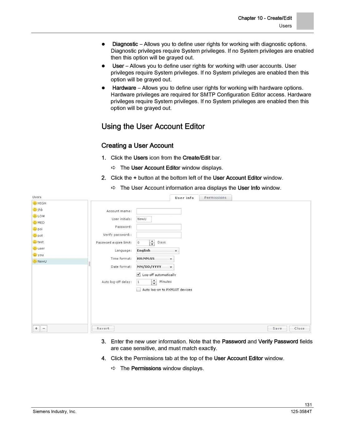 Siemens 125-3584T manual Using the User Account Editor, Creating a User Account 