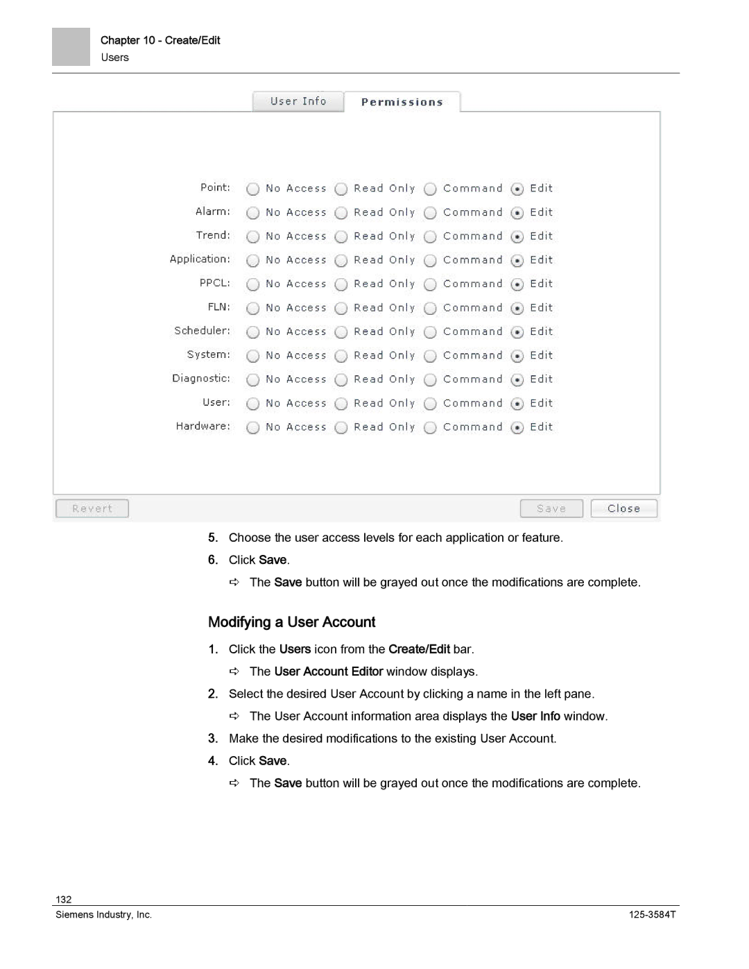 Siemens 125-3584T manual Modifying a User Account 