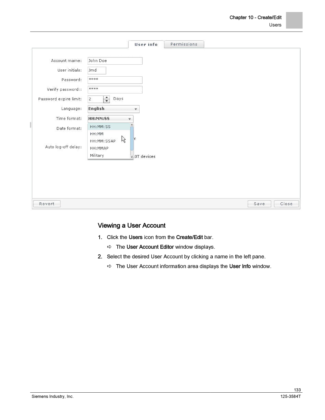 Siemens 125-3584T manual Viewing a User Account 