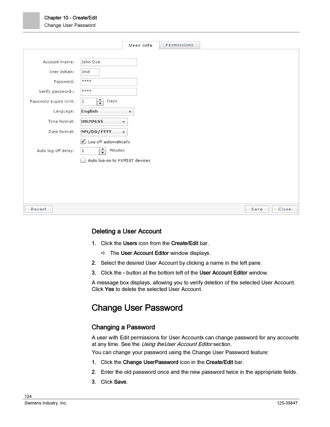 Siemens 125-3584T manual Change User Password, Deleting a User Account, Changing a Password 