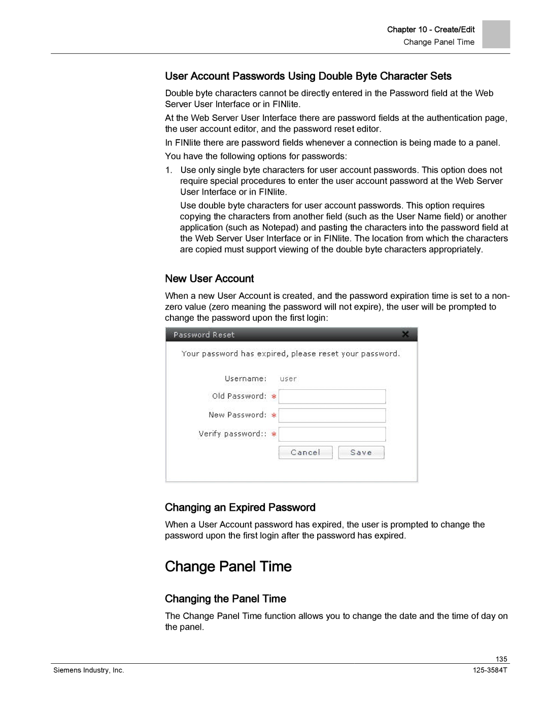 Siemens 125-3584T manual Change Panel Time, User Account Passwords Using Double Byte Character Sets, New User Account 