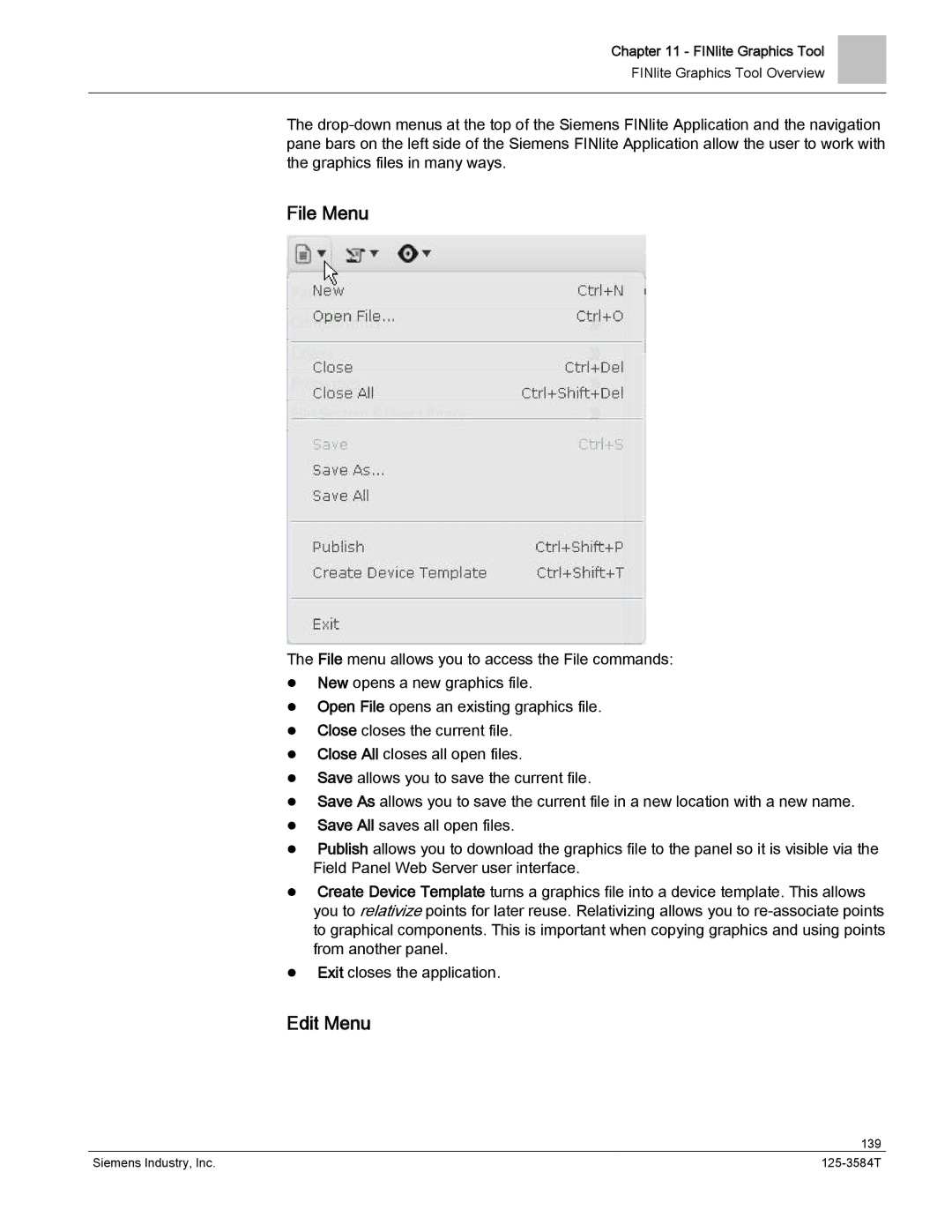 Siemens 125-3584T manual File Menu, Edit Menu 