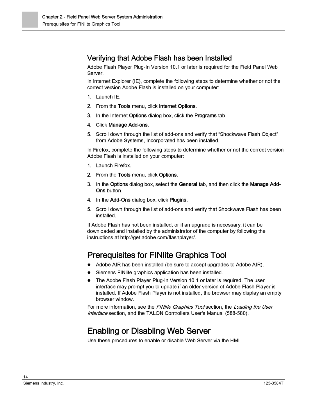 Siemens 125-3584T manual Prerequisites for FINlite Graphics Tool, Enabling or Disabling Web Server, Click Manage Add-ons 