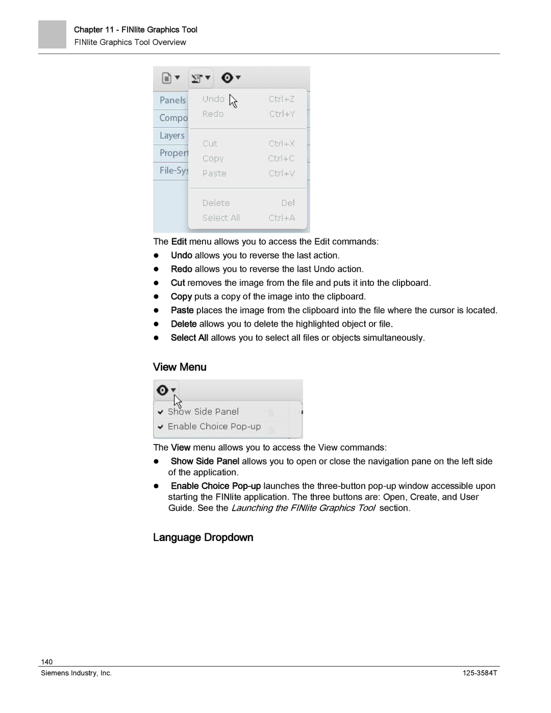 Siemens 125-3584T manual View Menu, Language Dropdown 