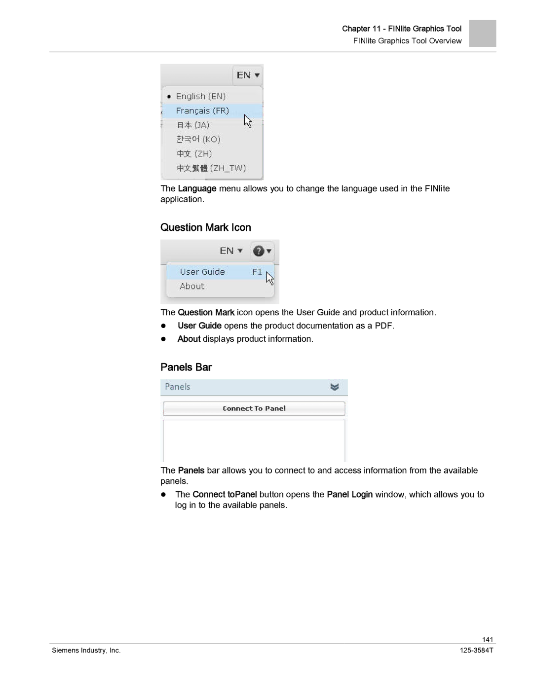 Siemens 125-3584T manual Question Mark Icon, Panels Bar 