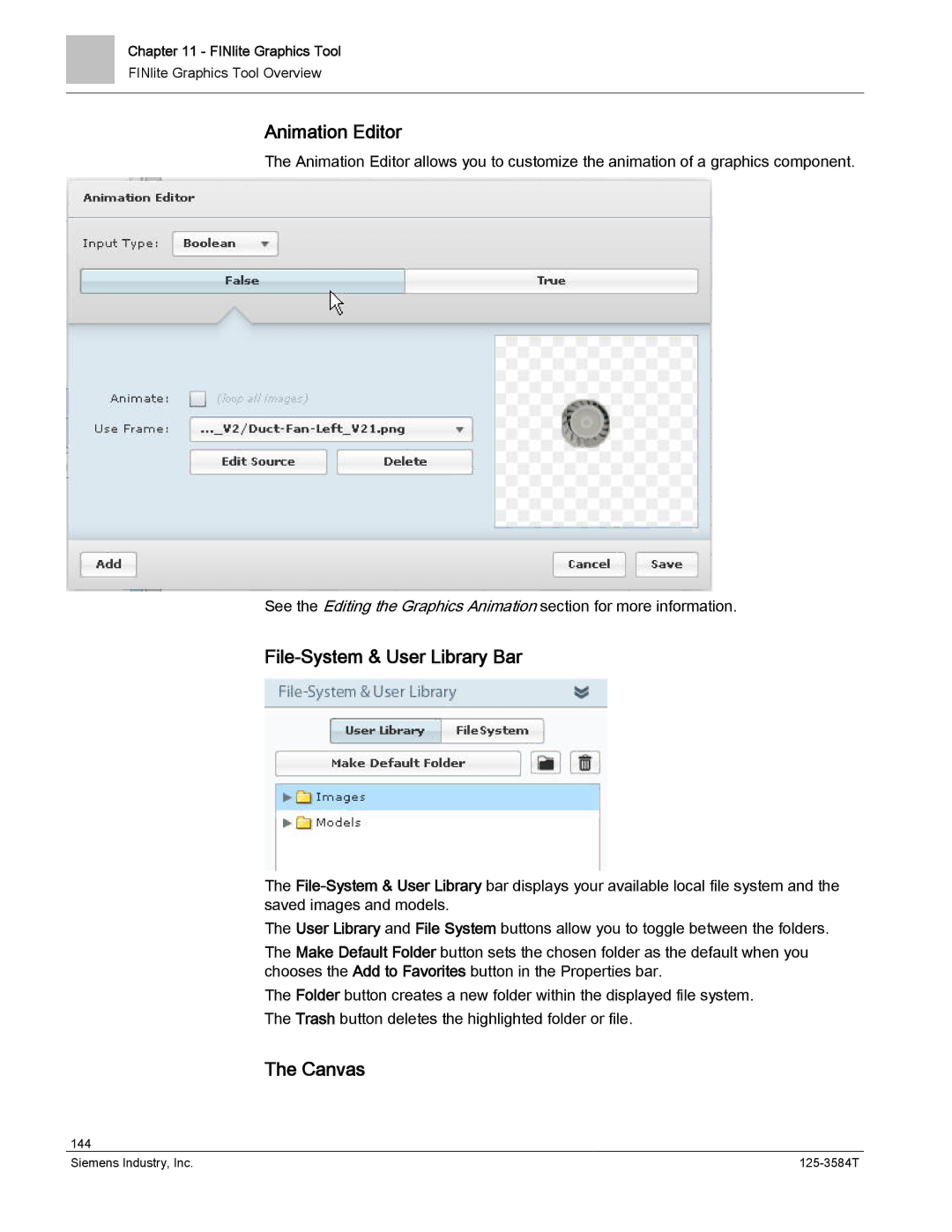 Siemens 125-3584T manual Animation Editor, File-System & User Library Bar, Canvas 