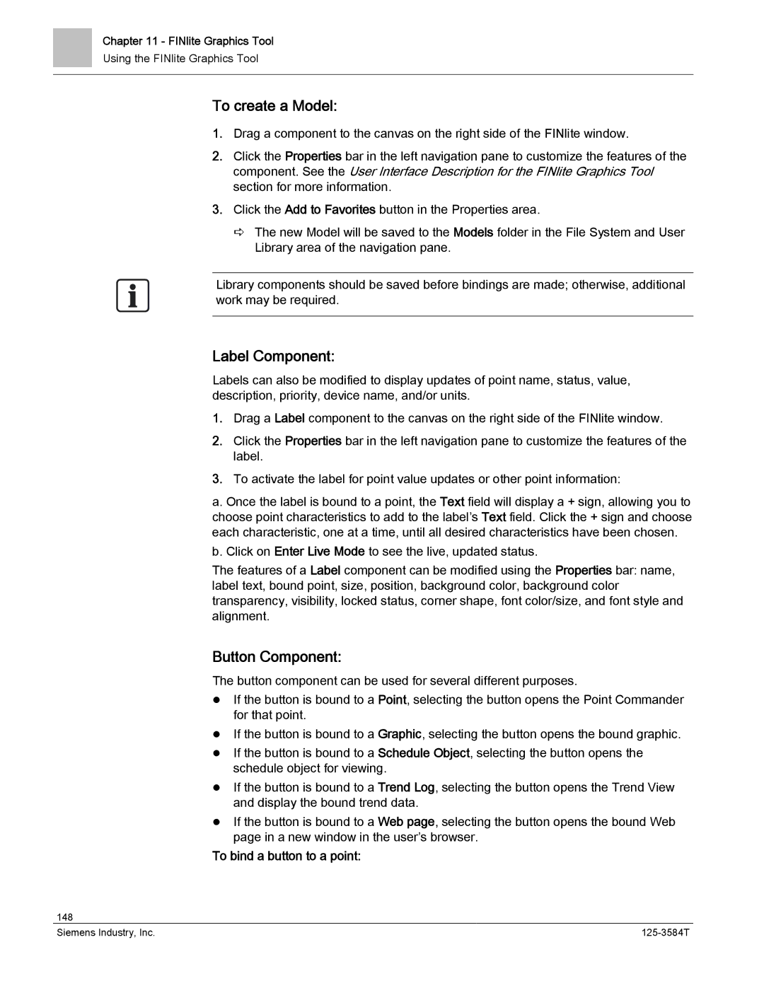 Siemens 125-3584T manual To create a Model, Label Component, Button Component, To bind a button to a point 