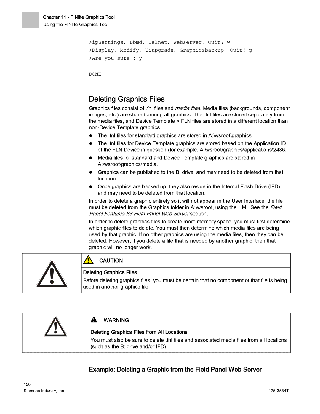 Siemens 125-3584T manual Deleting Graphics Files, Example Deleting a Graphic from the Field Panel Web Server 