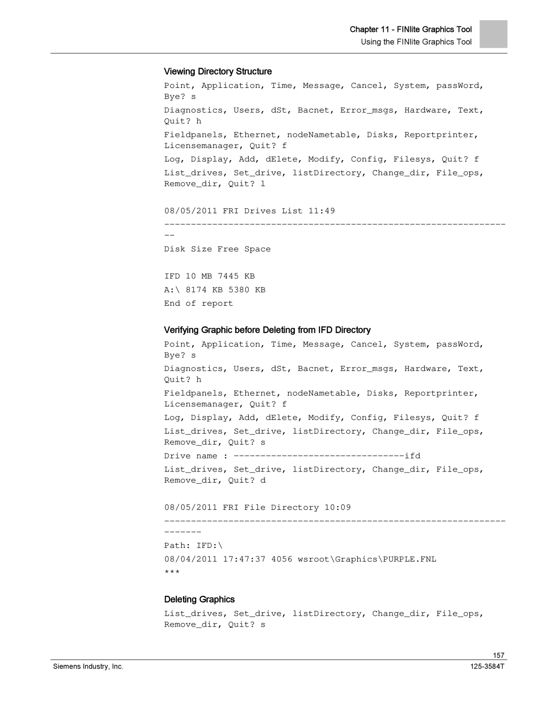 Siemens 125-3584T Viewing Directory Structure, Verifying Graphic before Deleting from IFD Directory, Deleting Graphics 