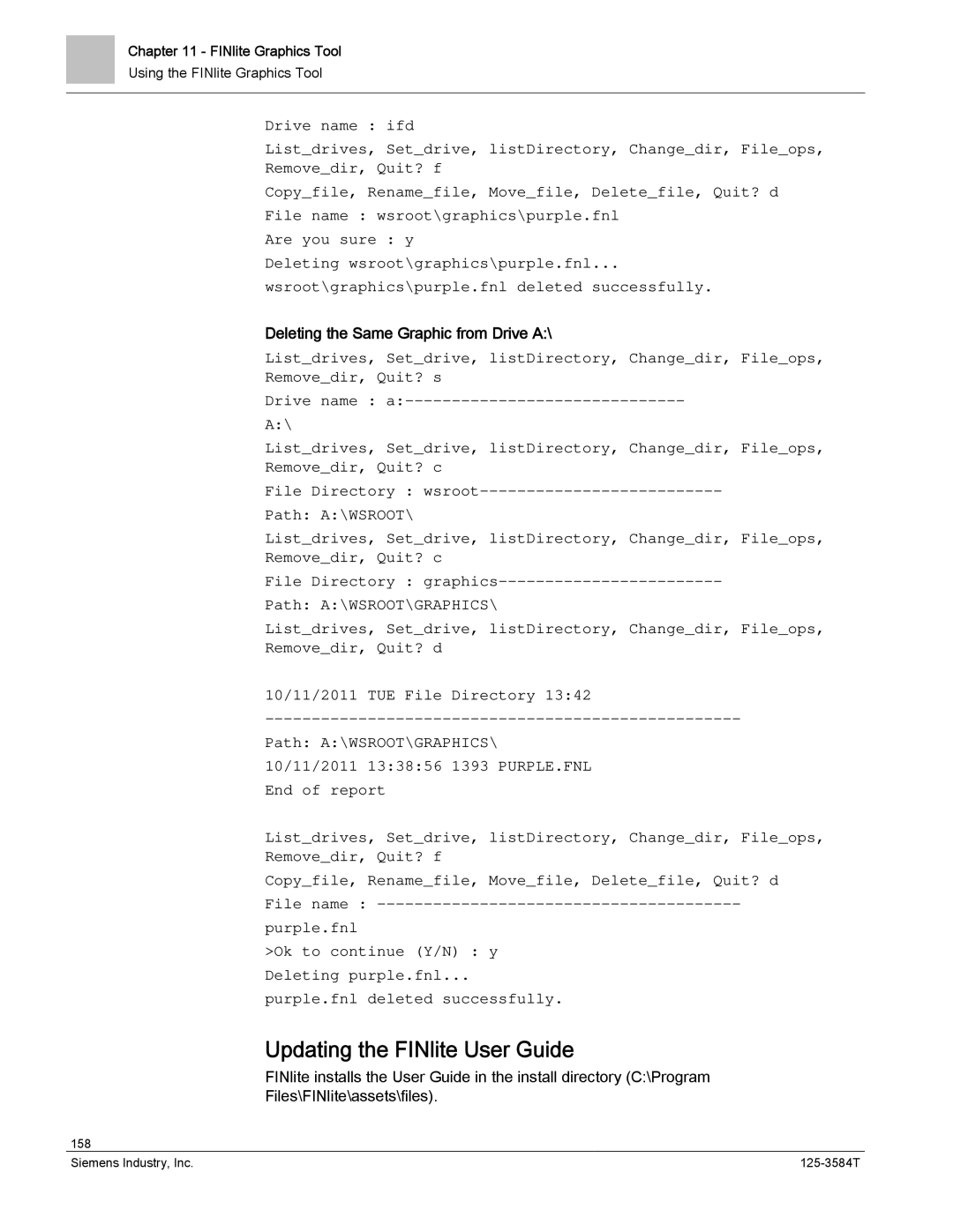 Siemens 125-3584T manual Updating the FINlite User Guide, Deleting the Same Graphic from Drive A 