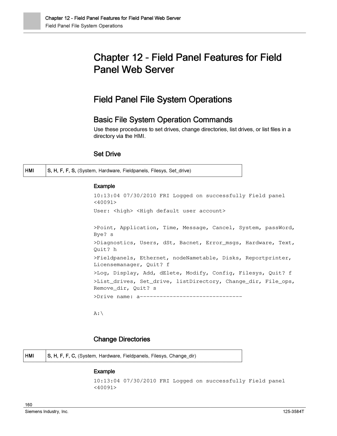 Siemens 125-3584T manual Field Panel Features for Field Panel Web Server, Field Panel File System Operations, Set Drive 