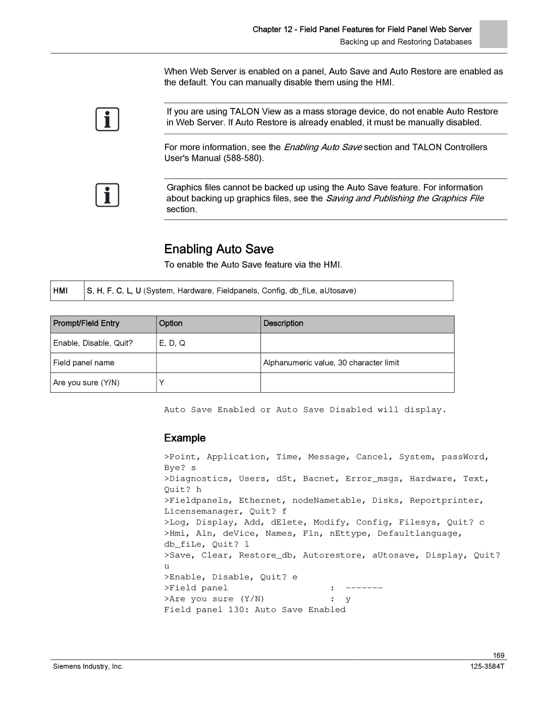 Siemens 125-3584T manual Enabling Auto Save, To enable the Auto Save feature via the HMI 