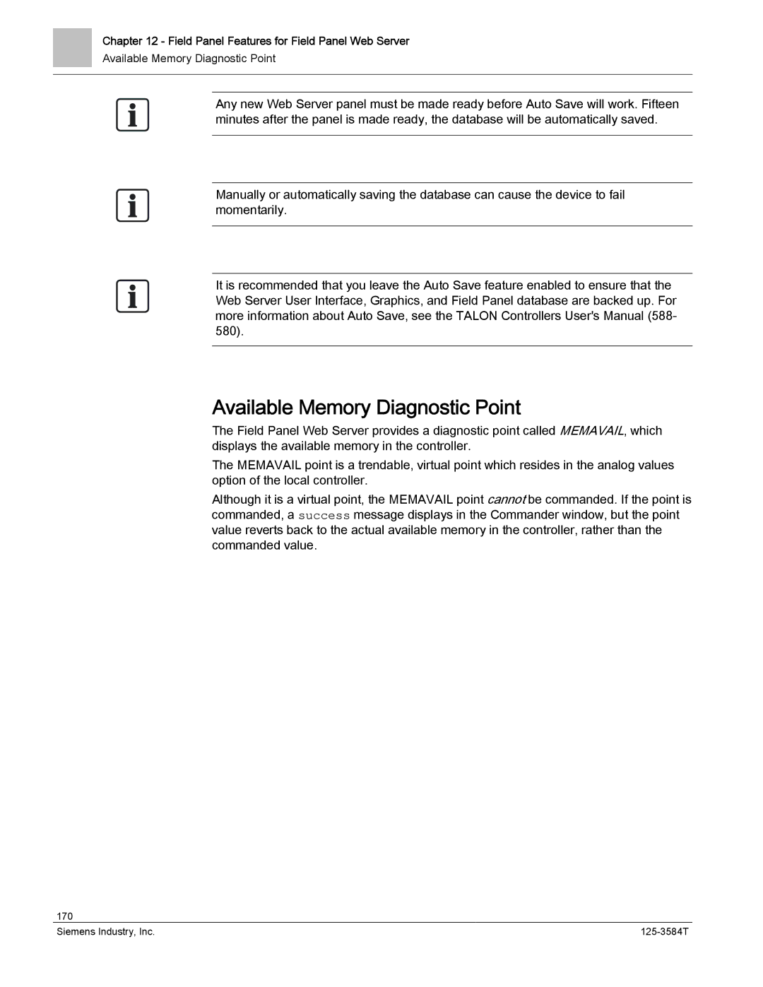 Siemens 125-3584T manual Available Memory Diagnostic Point 