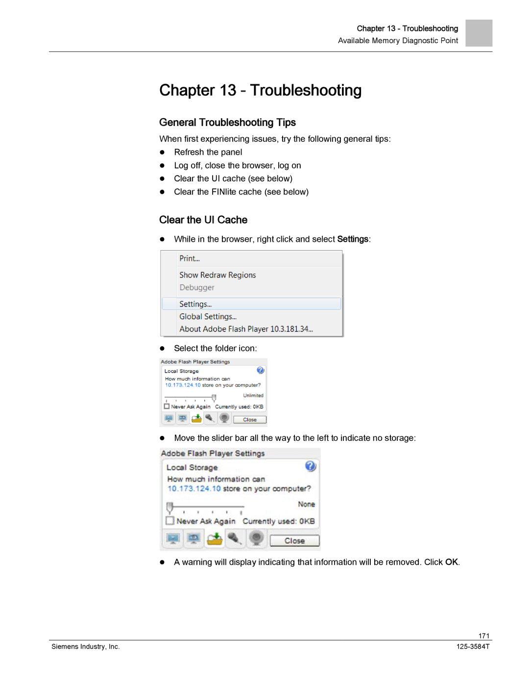 Siemens 125-3584T manual General Troubleshooting Tips, Clear the UI Cache 