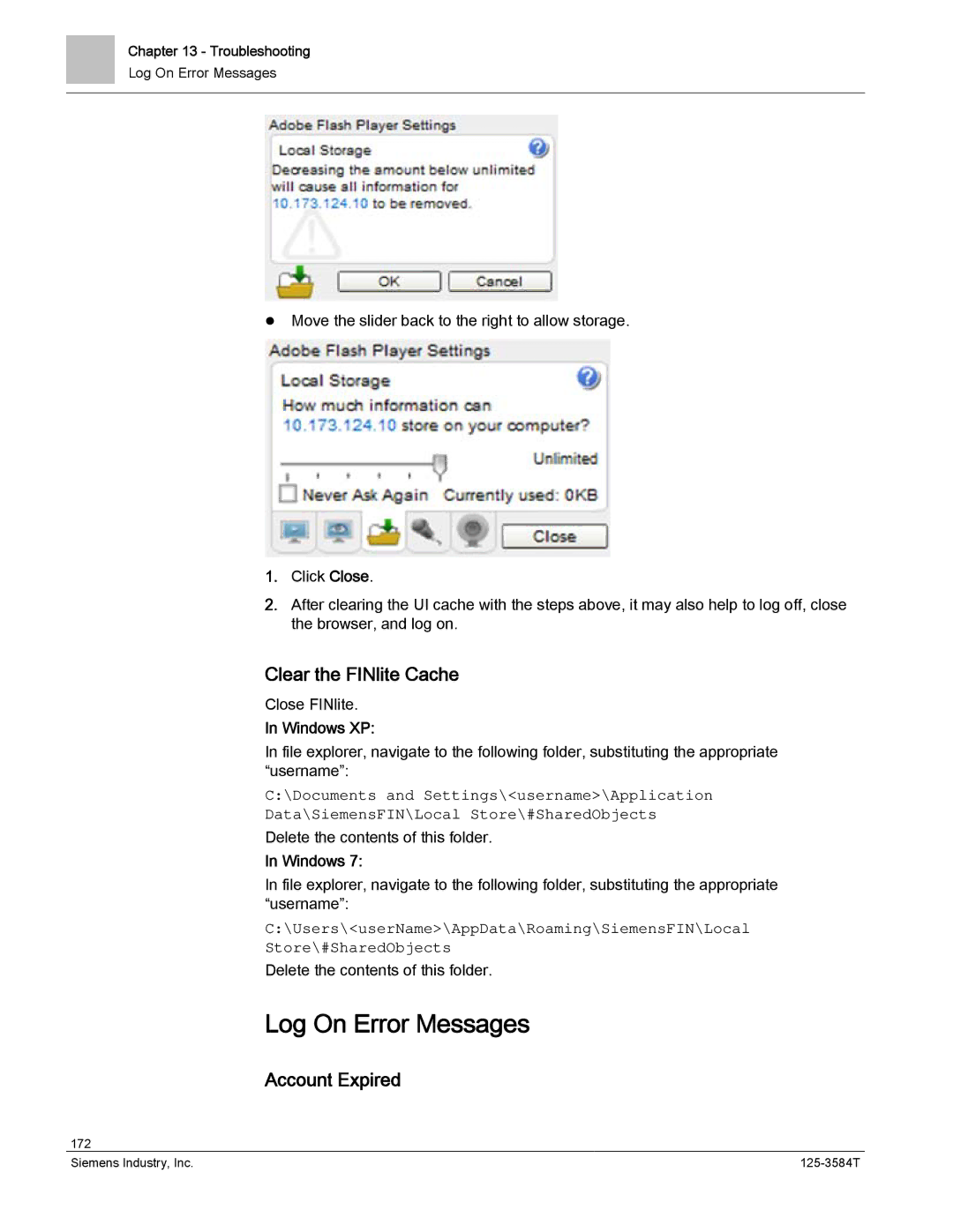 Siemens 125-3584T manual Log On Error Messages, Clear the FINlite Cache, Account Expired, Windows XP 