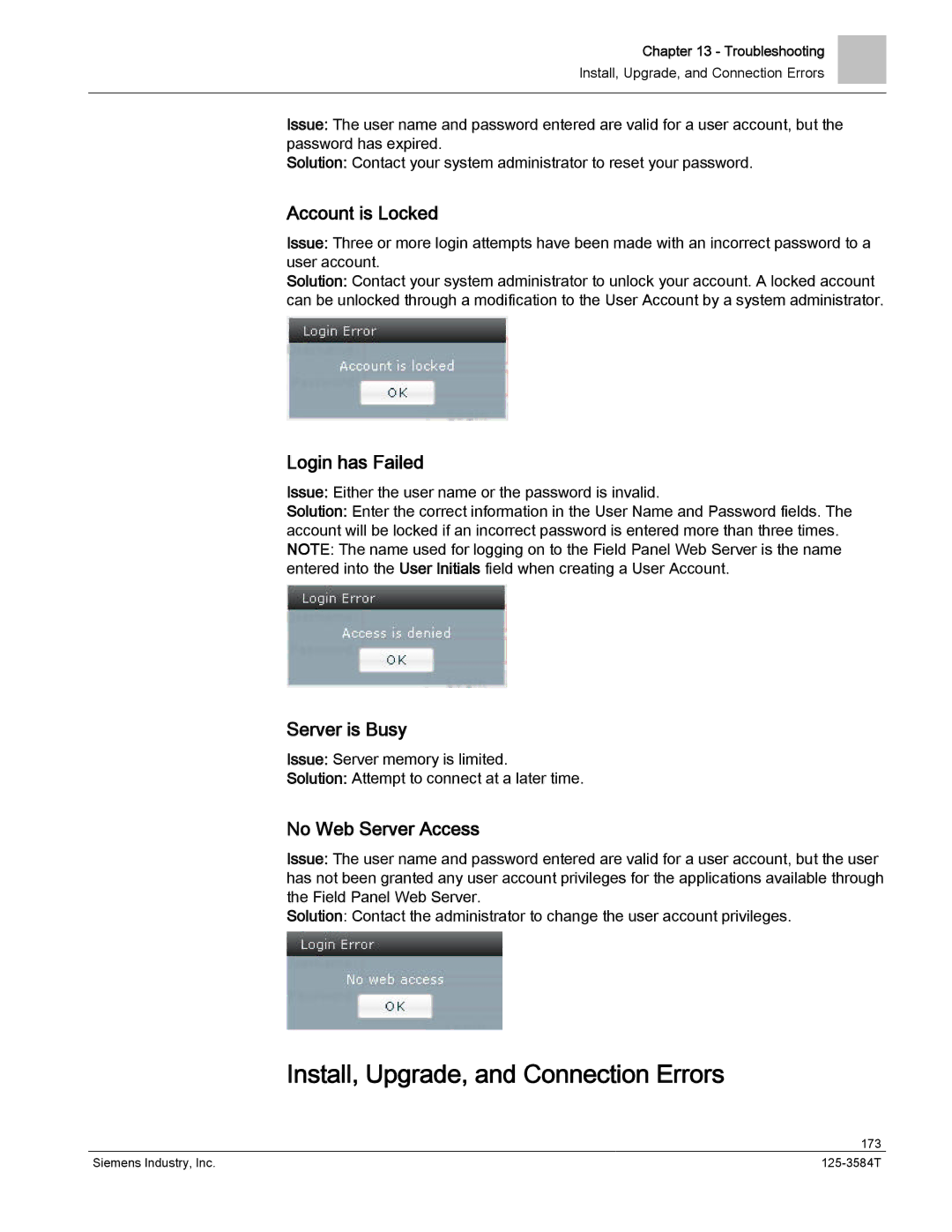 Siemens 125-3584T manual Install, Upgrade, and Connection Errors, Account is Locked, Login has Failed, Server is Busy 