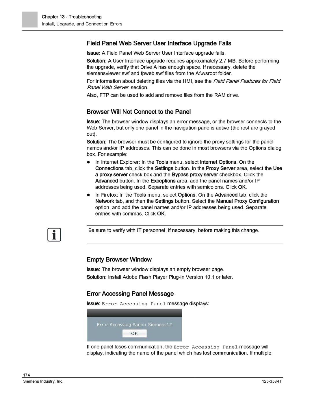 Siemens 125-3584T manual Field Panel Web Server User Interface Upgrade Fails, Browser Will Not Connect to the Panel 