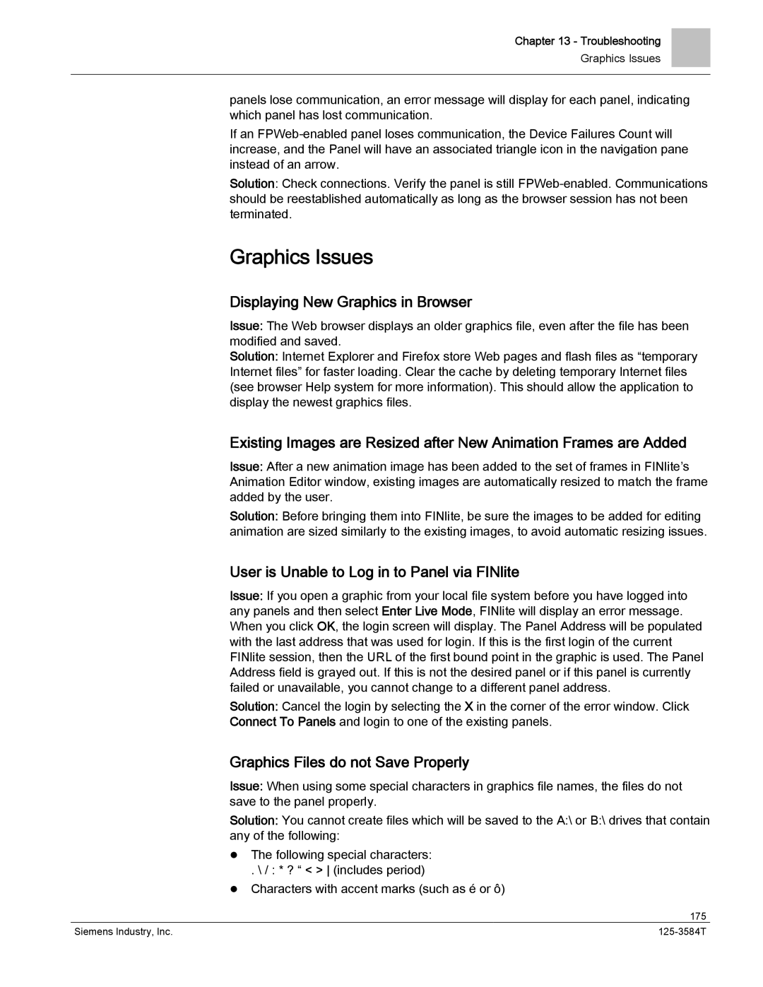 Siemens 125-3584T manual Graphics Issues, Displaying New Graphics in Browser, User is Unable to Log in to Panel via FINlite 