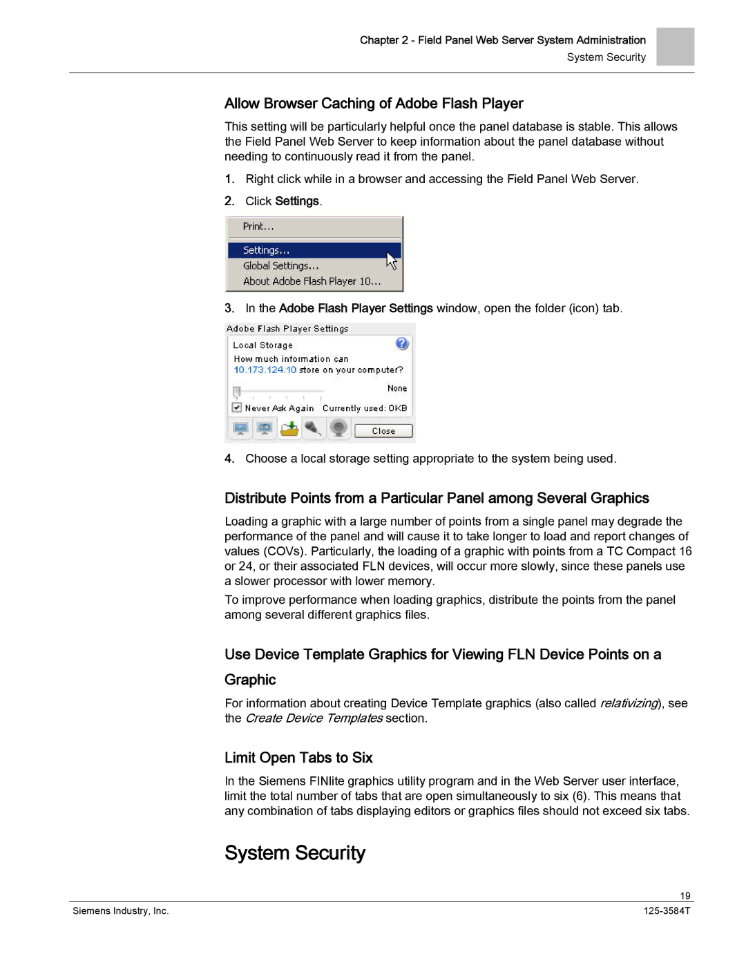Siemens 125-3584T System Security, Allow Browser Caching of Adobe Flash Player, Limit Open Tabs to Six, Click Settings 