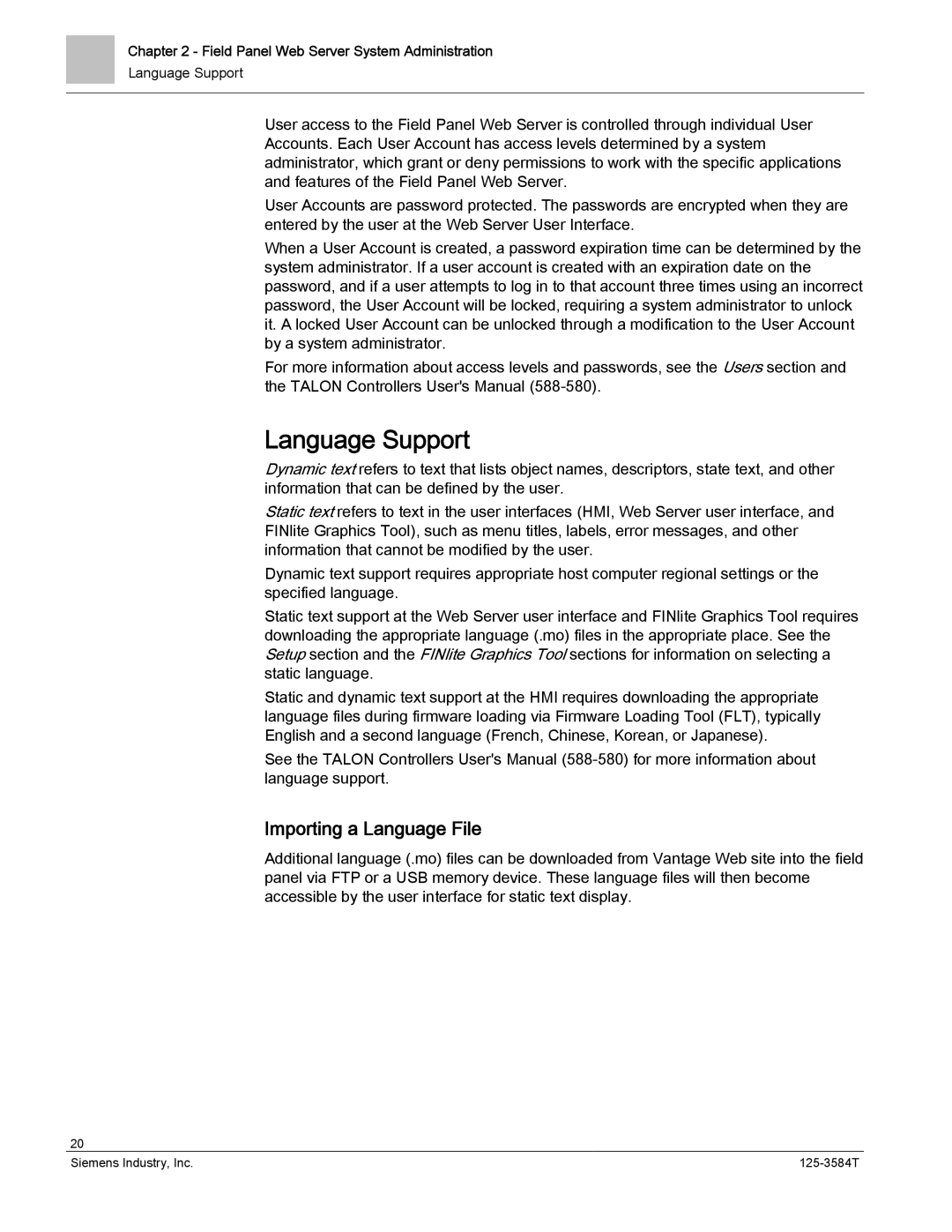 Siemens 125-3584T manual Language Support, Importing a Language File 