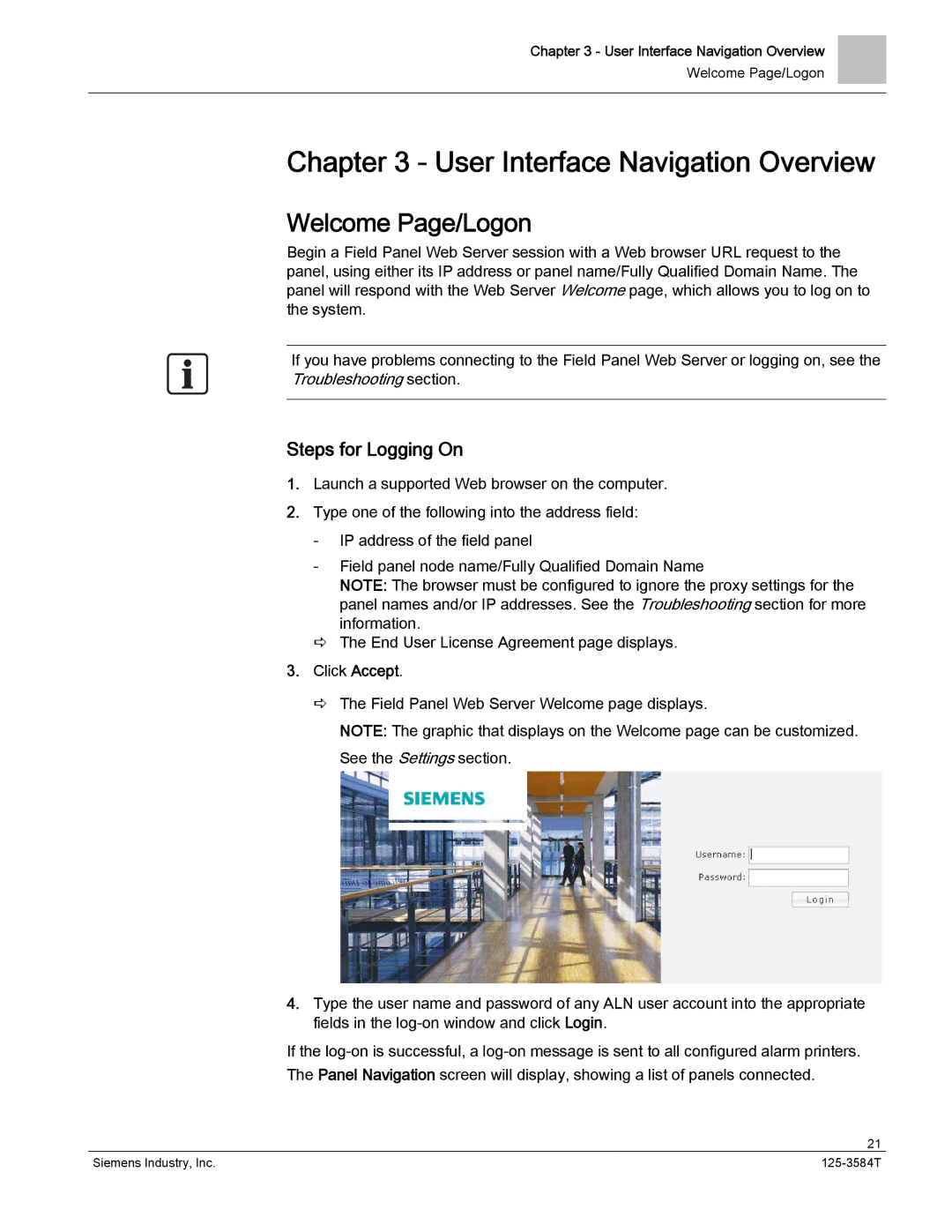 Siemens 125-3584T manual User Interface Navigation Overview, Welcome Page/Logon, Steps for Logging On 