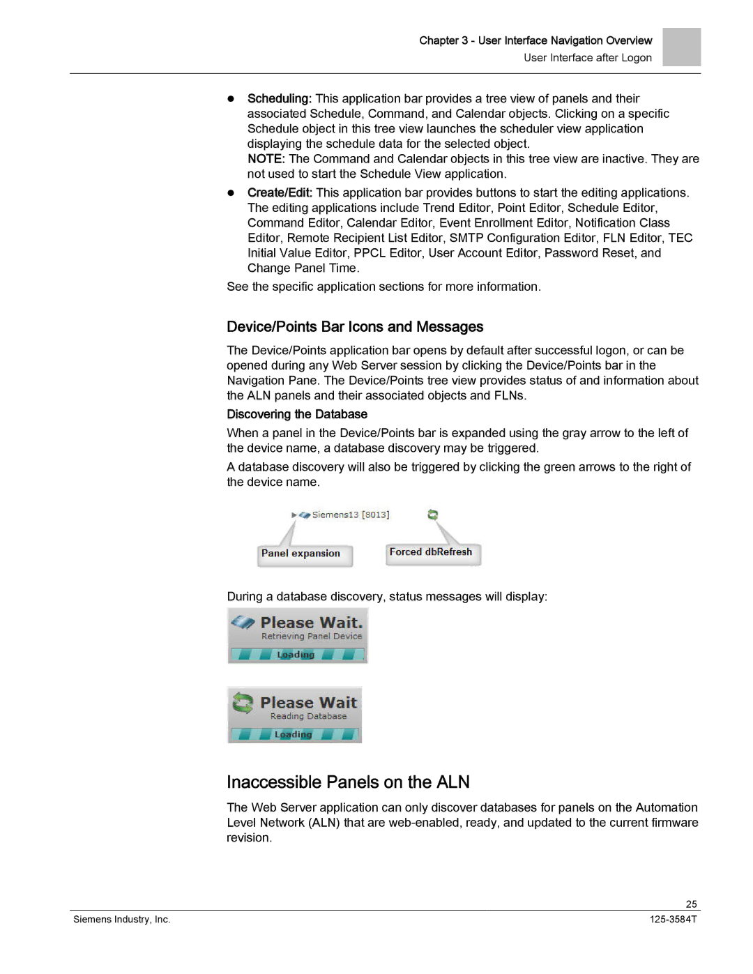 Siemens 125-3584T manual Inaccessible Panels on the ALN, Device/Points Bar Icons and Messages, Discovering the Database 