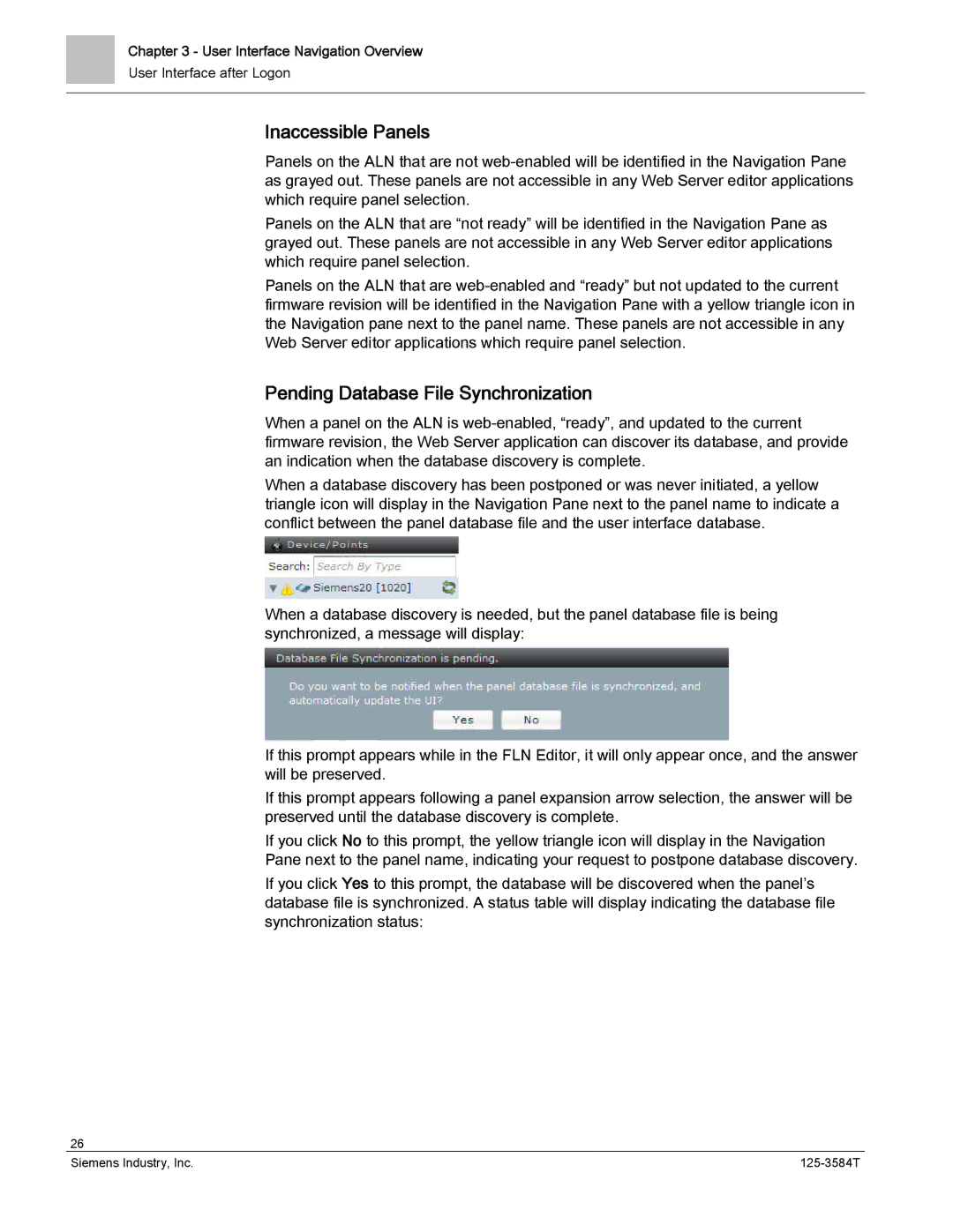 Siemens 125-3584T manual Inaccessible Panels, Pending Database File Synchronization 