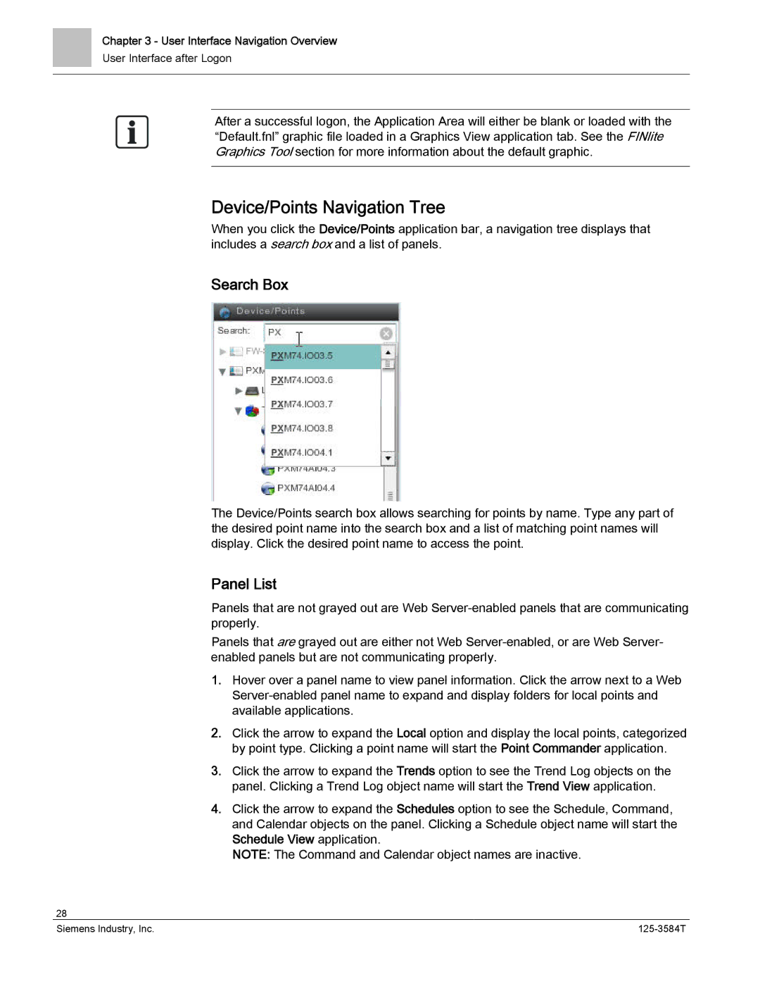 Siemens 125-3584T manual Device/Points Navigation Tree, Search Box, Panel List 