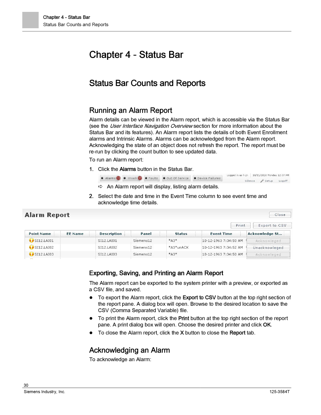 Siemens 125-3584T manual Status Bar Counts and Reports, Running an Alarm Report, Acknowledging an Alarm 