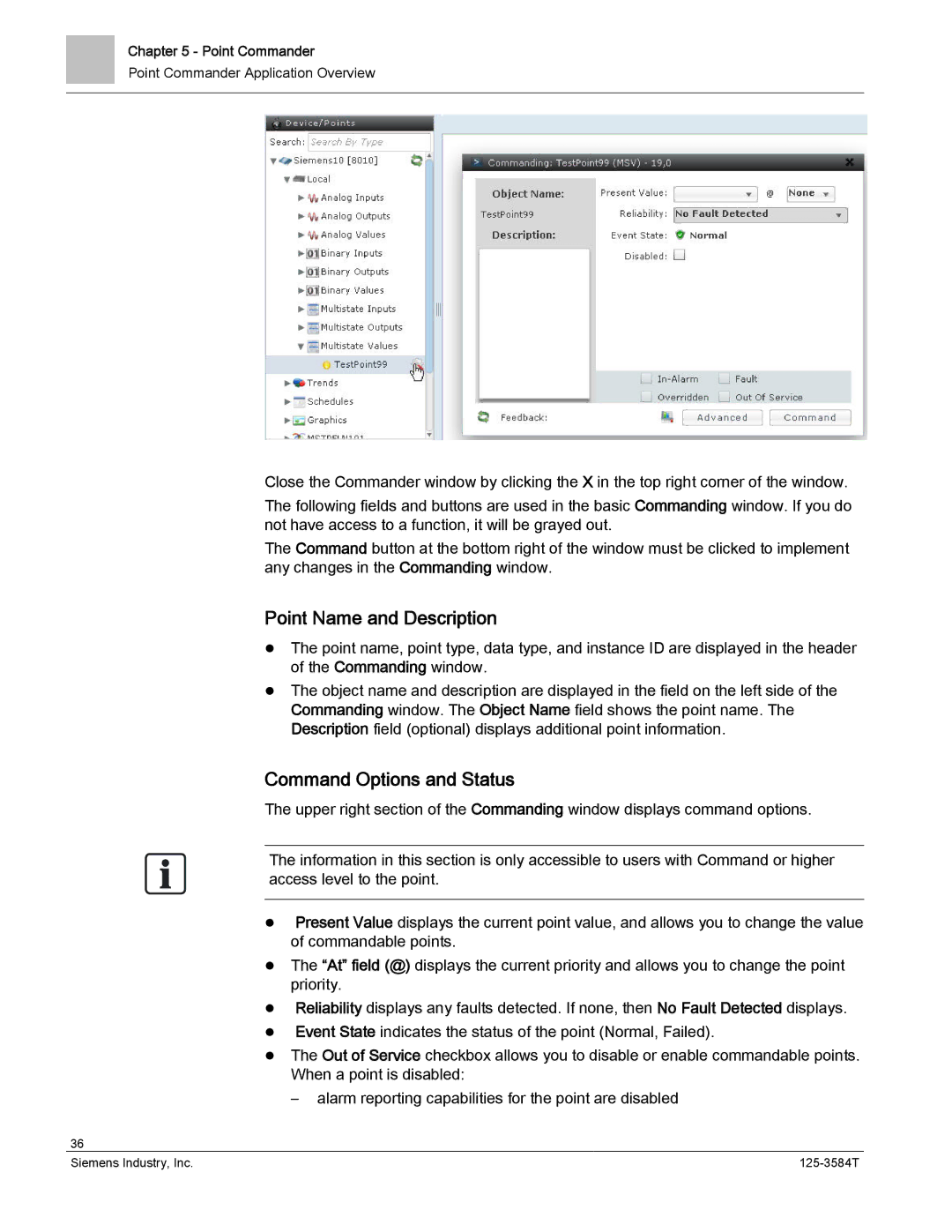 Siemens 125-3584T manual Point Name and Description, Command Options and Status 