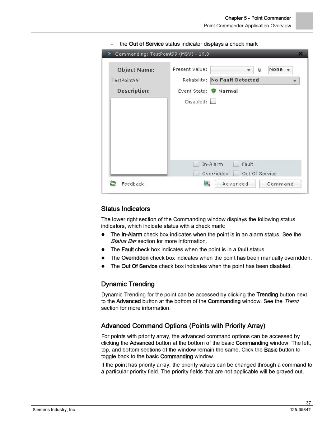Siemens 125-3584T manual Status Indicators, Dynamic Trending, Advanced Command Options Points with Priority Array 