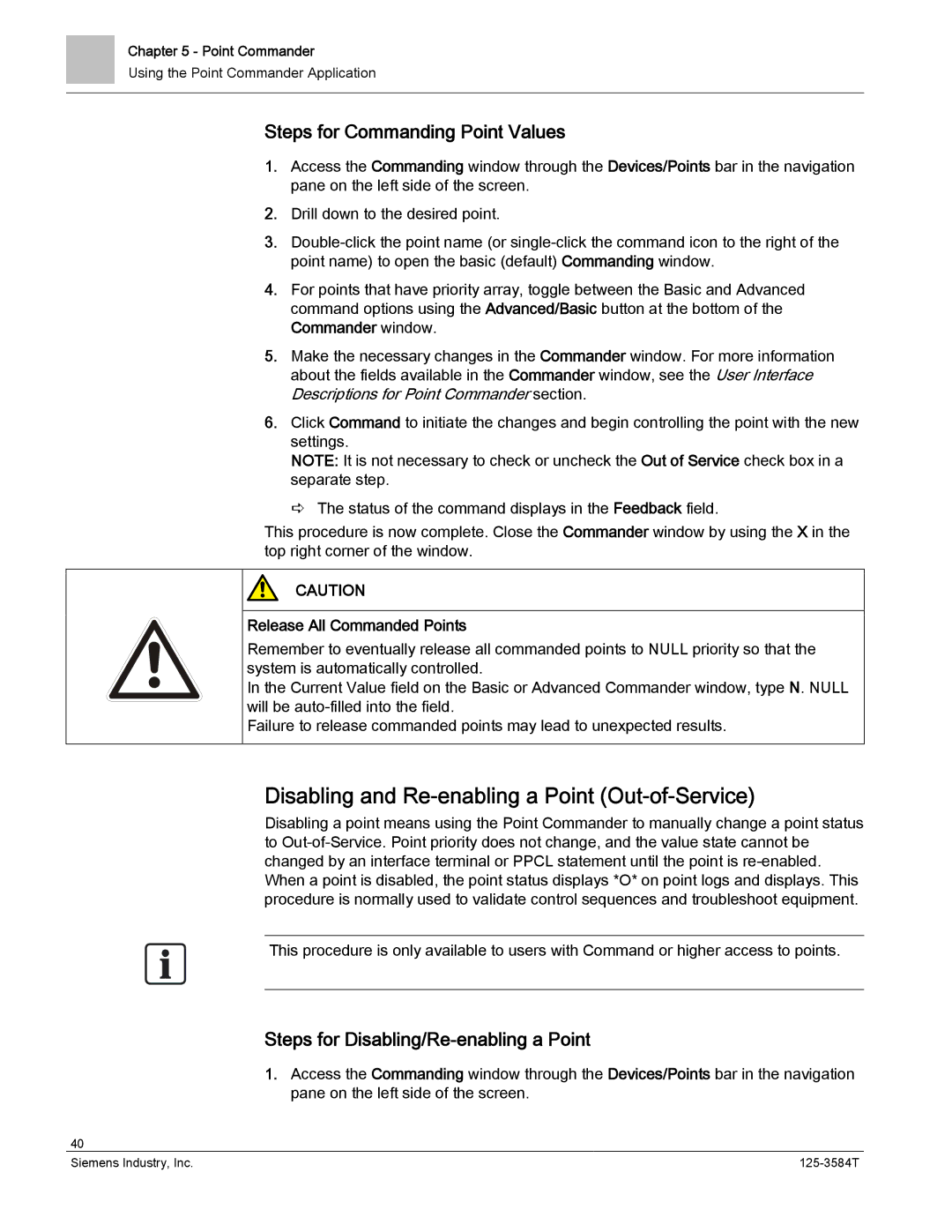 Siemens 125-3584T manual Disabling and Re-enabling a Point Out-of-Service, Steps for Commanding Point Values 