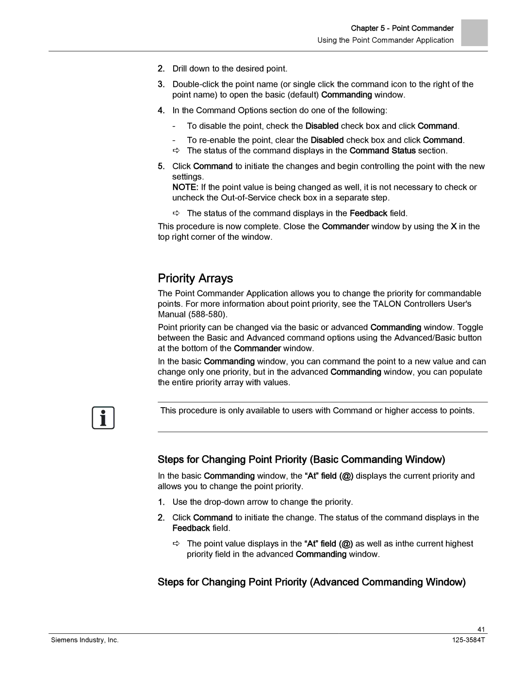 Siemens 125-3584T manual Priority Arrays, Steps for Changing Point Priority Basic Commanding Window 