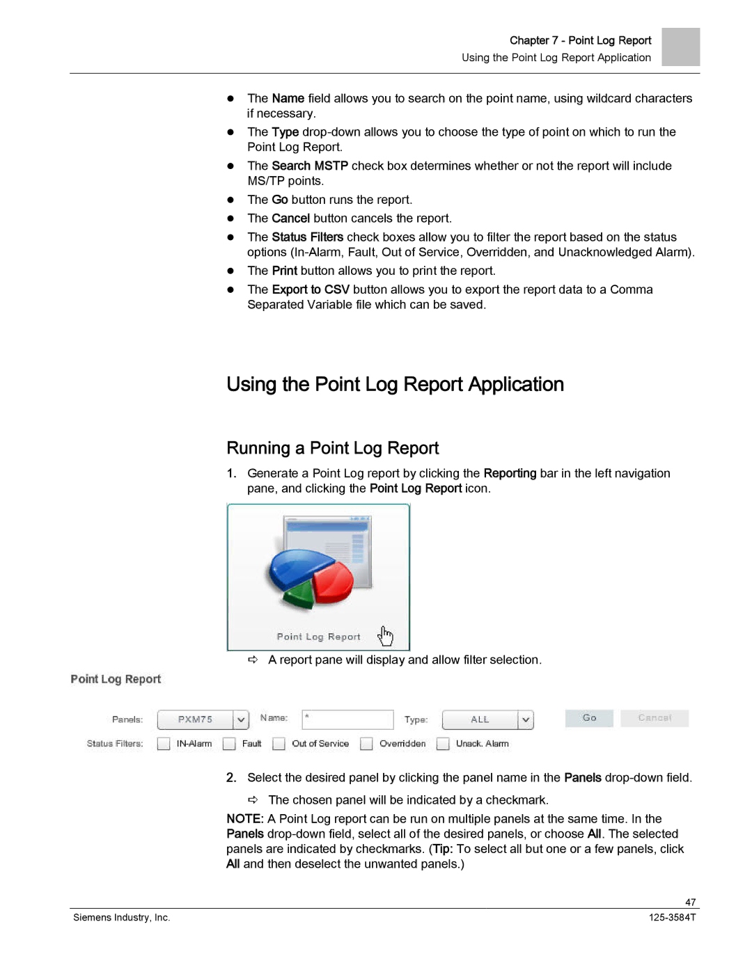 Siemens 125-3584T manual Using the Point Log Report Application, Running a Point Log Report 