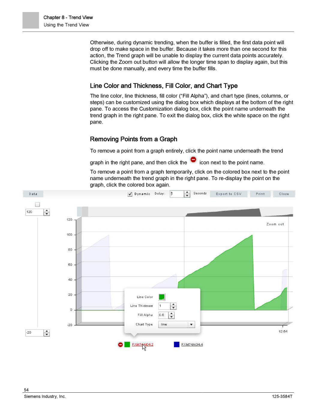 Siemens 125-3584T manual Line Color and Thickness, Fill Color, and Chart Type, Removing Points from a Graph 