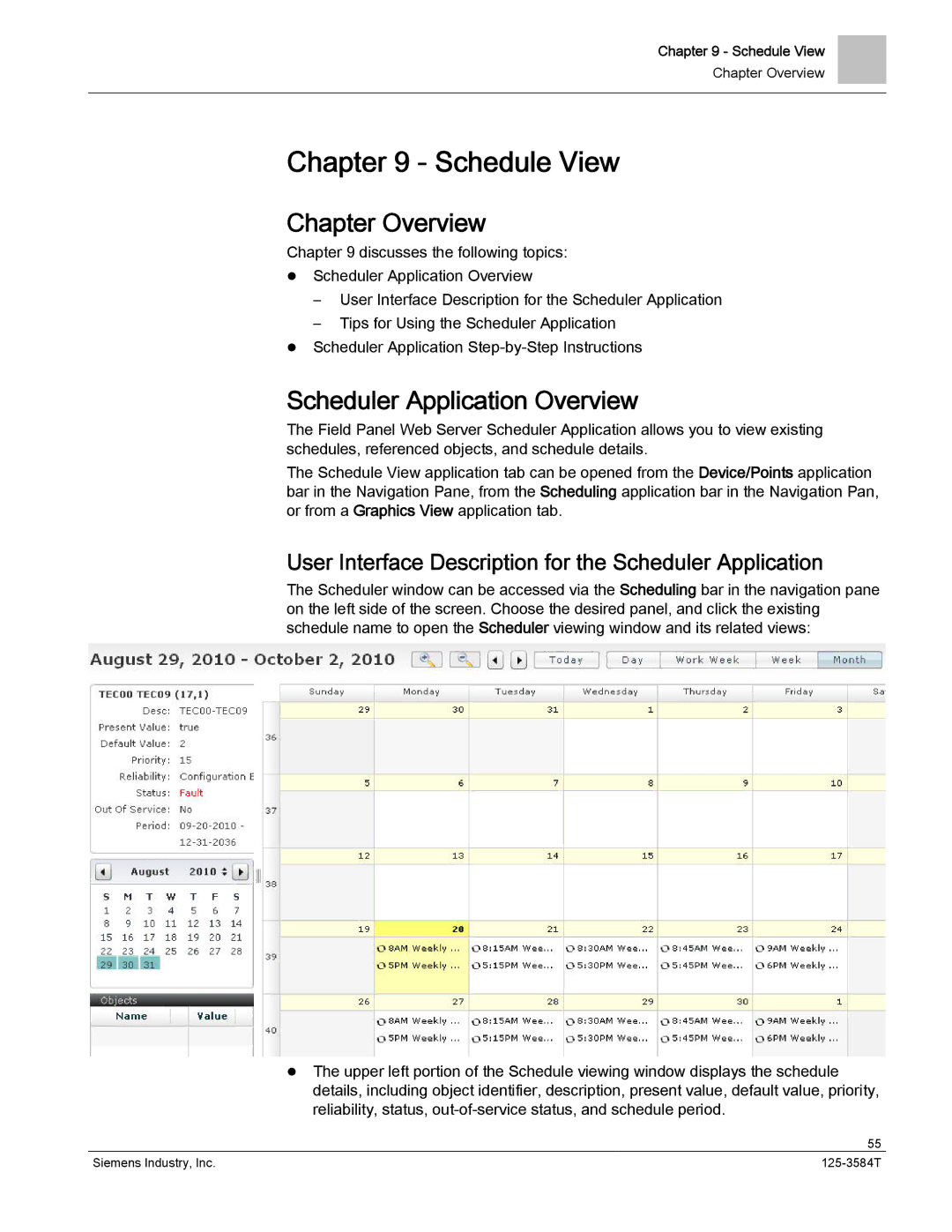 Siemens 125-3584T Schedule View, Scheduler Application Overview, User Interface Description for the Scheduler Application 