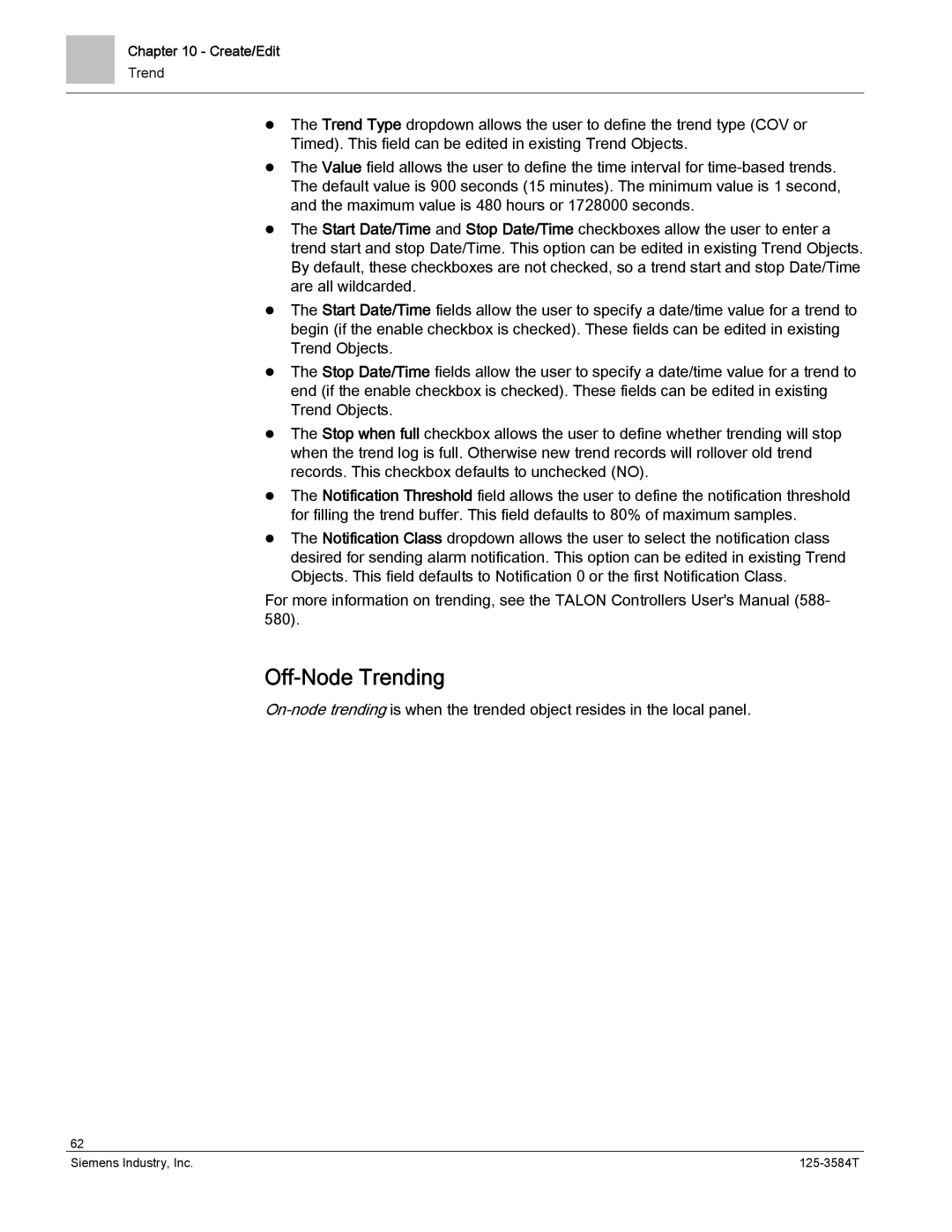 Siemens 125-3584T manual Off-Node Trending 