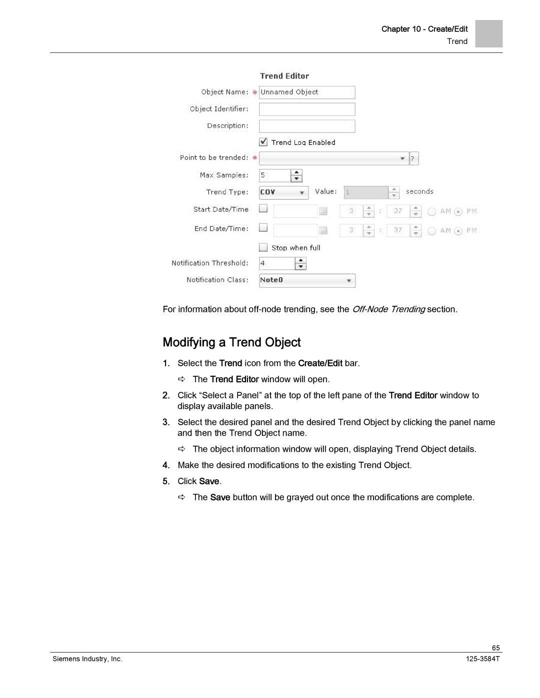 Siemens 125-3584T manual Modifying a Trend Object 