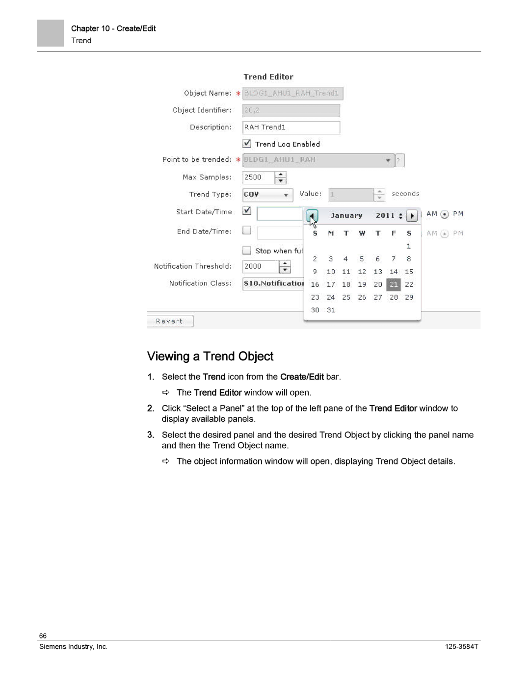 Siemens 125-3584T manual Viewing a Trend Object 