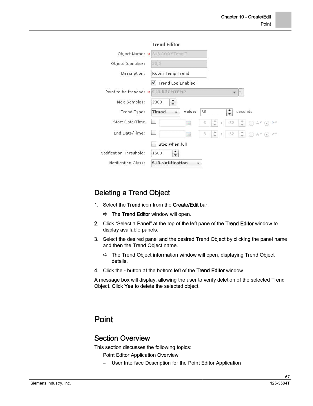 Siemens 125-3584T manual Point, Deleting a Trend Object 