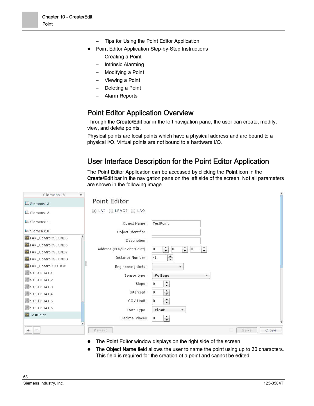 Siemens 125-3584T manual Point Editor Application Overview, User Interface Description for the Point Editor Application 