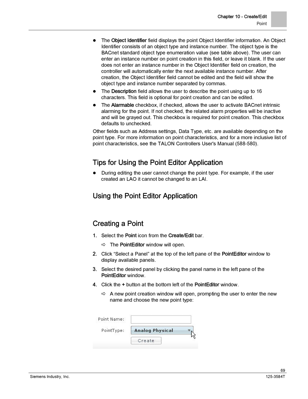 Siemens 125-3584T manual Tips for Using the Point Editor Application, Using the Point Editor Application Creating a Point 