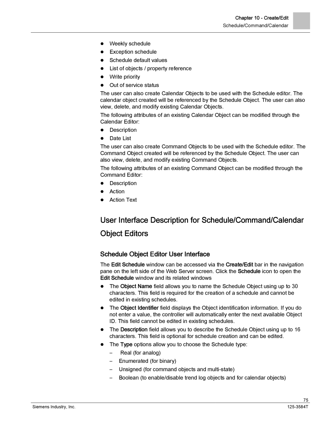 Siemens 125-3584T manual Schedule Object Editor User Interface 