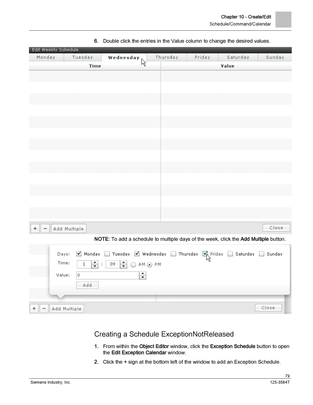 Siemens 125-3584T manual Creating a Schedule ExceptionNotReleased 