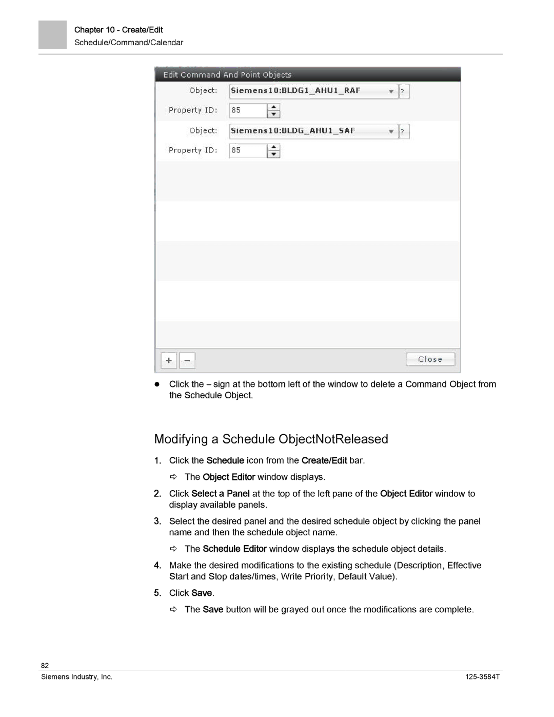 Siemens 125-3584T manual Modifying a Schedule ObjectNotReleased 